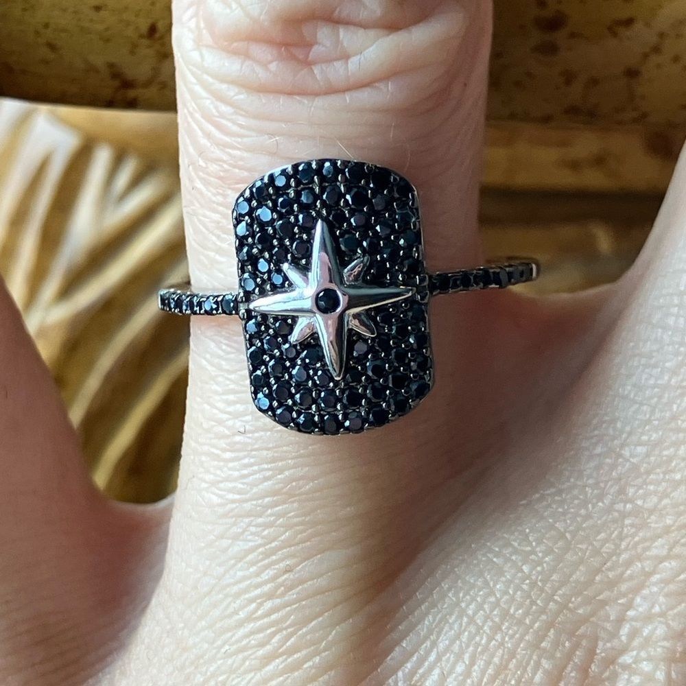 Natural Black Spinel Sterling Silver Star Ring Size 8